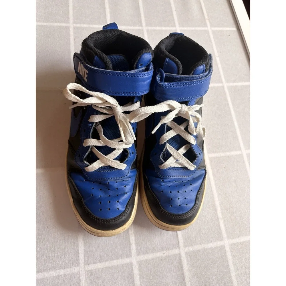 Size 4.5 GS Nike Court Borough 2 Mid Black Game Royal Blue Kids Basketball Shoes